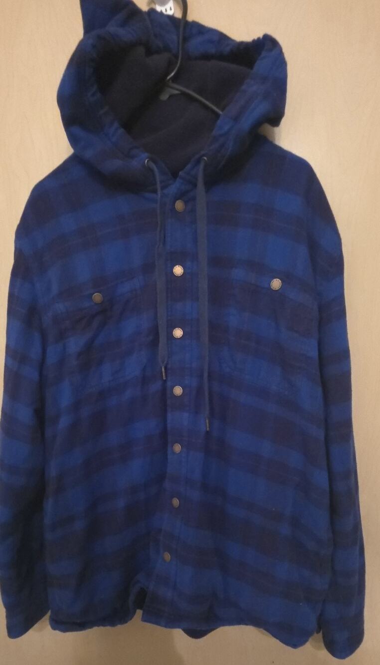 LL Bean Hooded Flannel Shirt Jacket Mens XL Blue Plaid Fleece Lined Shacket